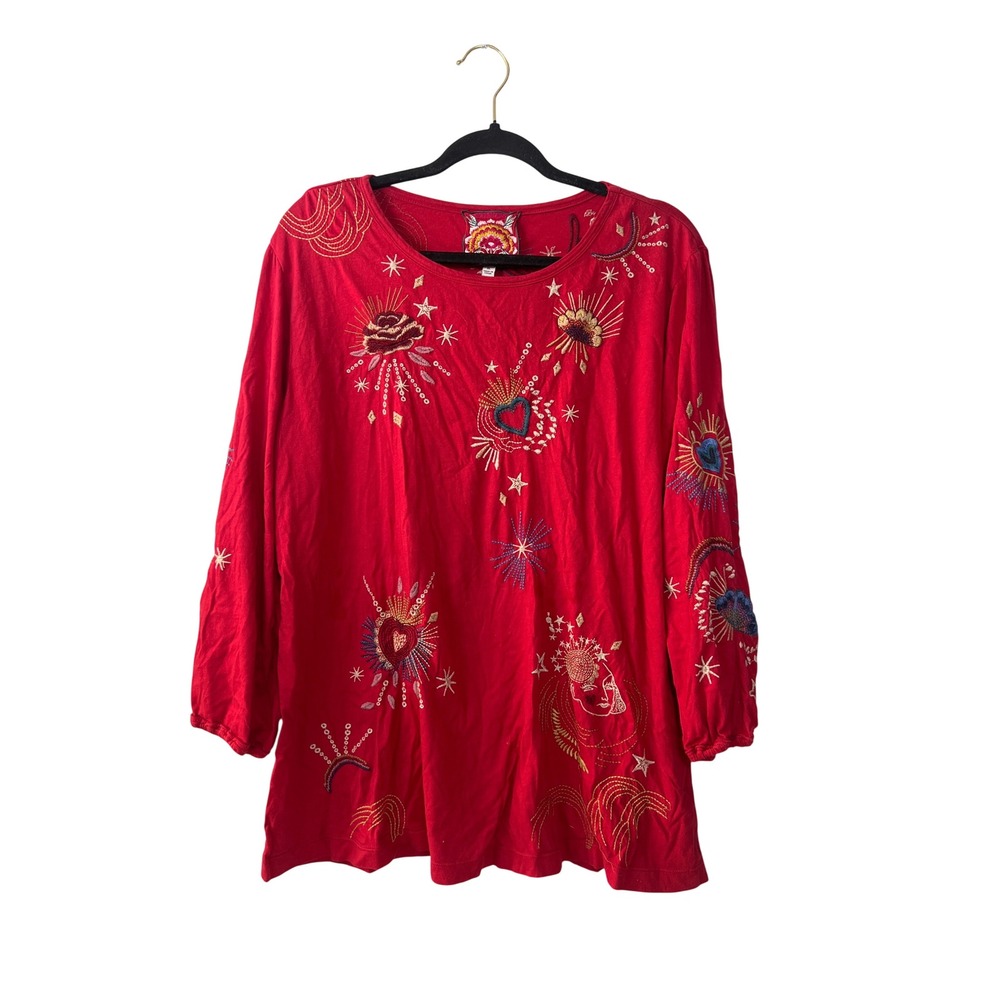 Johnny Was Red Embroidered Floral Long Sleeve Top XL Boho Gipsy Cottagecore